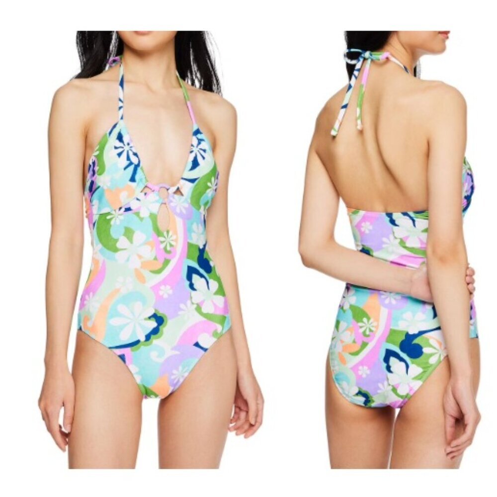 No Boundaries Swimsuit Size XS Women's Halter Aqua Print Floral One Piece Floral